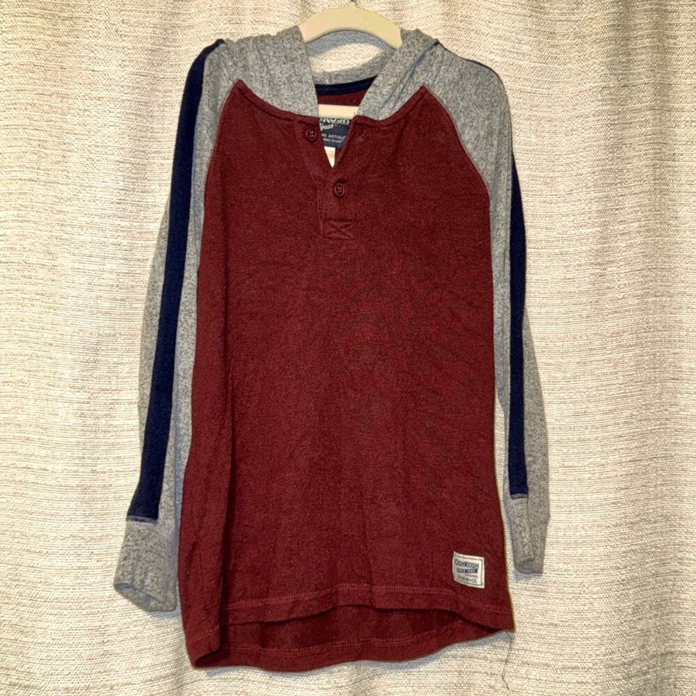 OshKosh B'gosh Kid's Active Pullover Hoodie, Red Gray Long Sleeve Shirt, Size 7